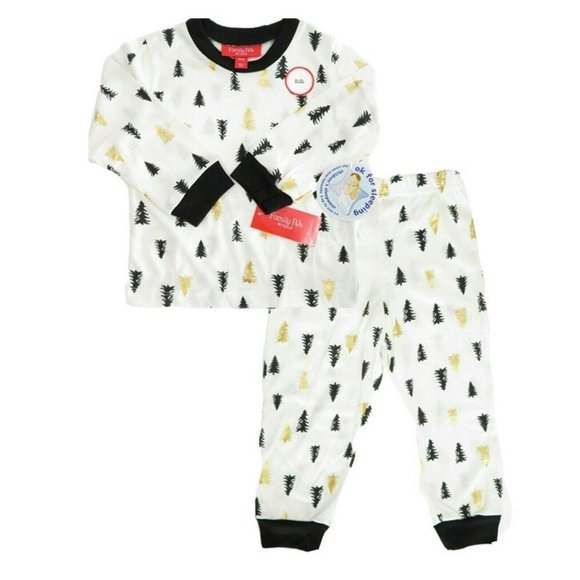 Family Matching Christmas Pajamas Set 2T-3T Kids Sleepwear White Gold/Black Tree - Picture 1 of 9
